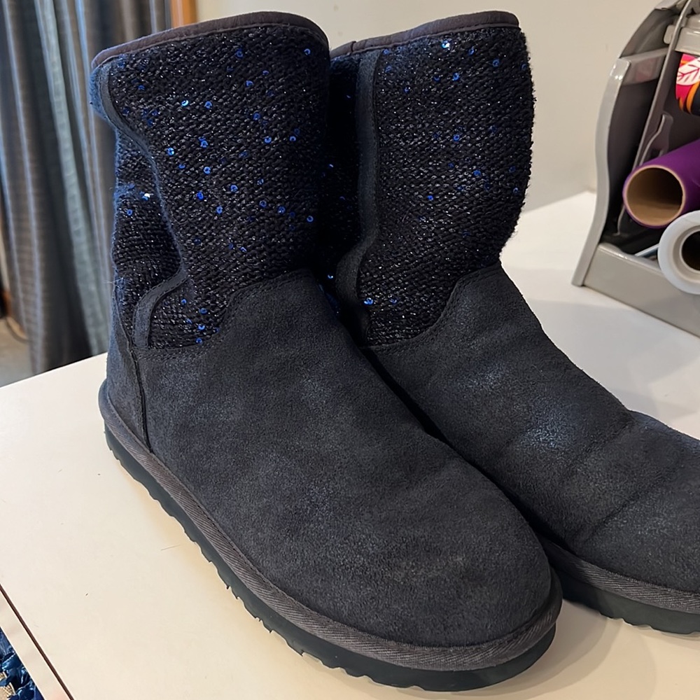 EUC Navy Leather & Knit Sequin Ugg Boots size 8